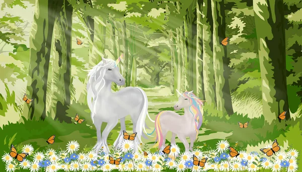 Unicorns Standing Beautiful Nature Sun Light Shining Morning Vector Fantasy — ストックベクタ