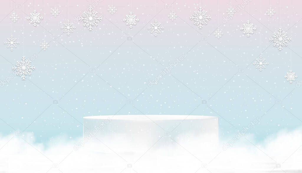 New Year 2023 card,Studio 3D podium on snowflakes hanging on pink and blue sky pastel background,Vector backdrop beautiful and luxury banner for Winter holiday card,Christmas sale season,Discount