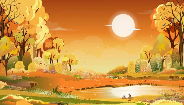 Осенний Сельский Пейзаж Вечернем Свете Закатом Желтый Оранжевый Фон Неба — стоковый вектор