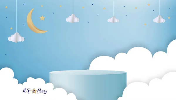 蓝色背景的男婴淋浴卡片的矢量 蓝色天空和3D平台上的可爱纸抽象折纸折纸云彩 新月形月亮和星星 带有婴儿照片复制空间的剪纸 — 图库矢量图片