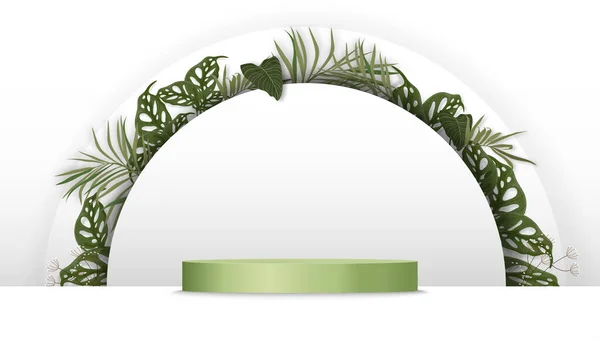 Background Studio Podium Display Scene Palm Leaf White Paper Cut - Stok Vektor