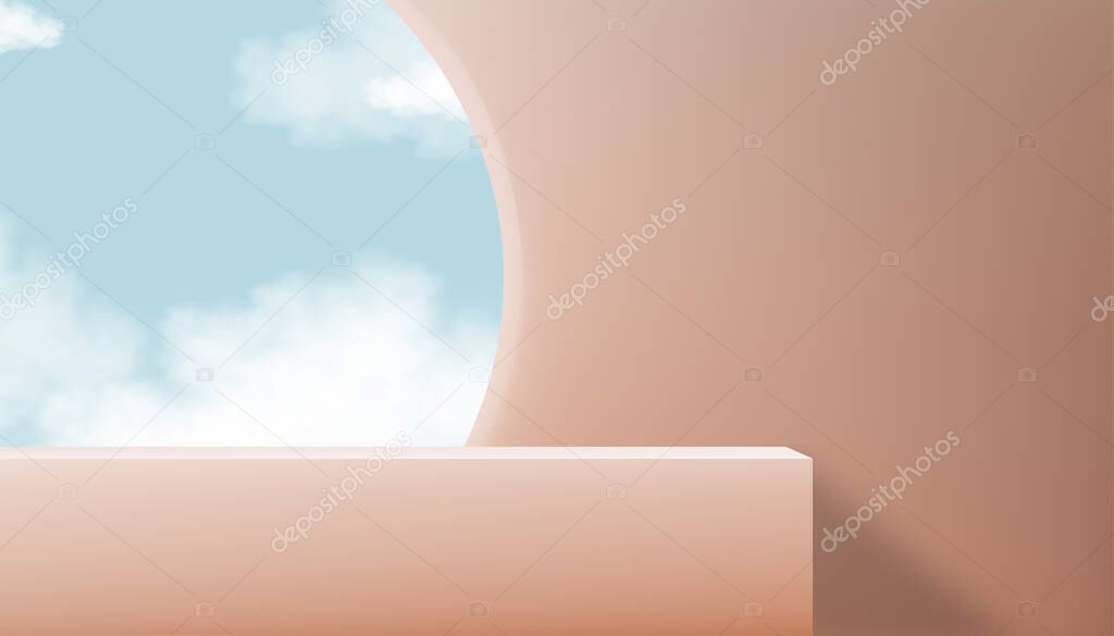 Autumn Studio room background 3D podium display on beige wall,Vector backdrop banner stand with cloud blue sky on window,Minimal mockup for Beauty,Cosmetic,Spa product presentation on Fall season