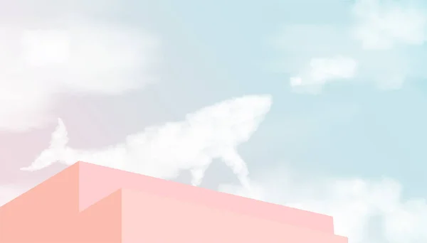 Fluffy Cloud Whale Shape Flying Pink Blue Sky Beige Podium — Vector de stock