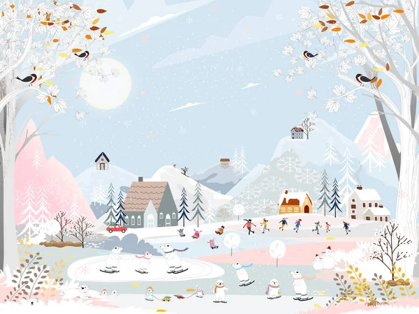 Winter Landscapevector Winter Wonderland Banner At Village With