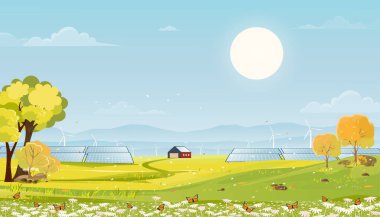 Yeşil arazili bahar manzarası, yenilenebilir istasyon enerji kaynakları olarak yerleştirilen güneş paneli rüzgar türbinleri, nehir mavi gökyüzü ve bulutlarla kırsal vektör doğa