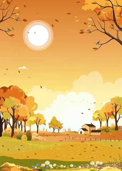 Autumn landscape of farm field with orange sky,Wonderland of Mid Autumn in countryside with cloud sky and Sun,Mountain,grass land in Orange foliage,Vector banner for fall season or Autumnal background