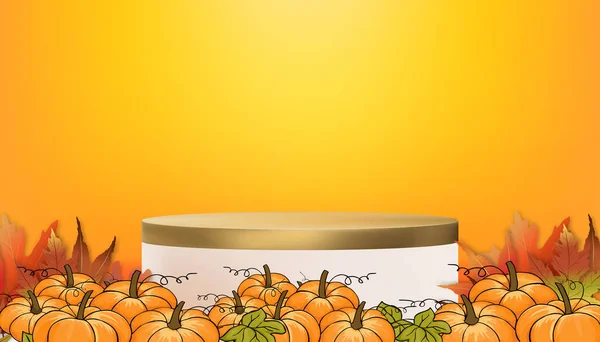 Autumn Background Podium Display Cylinder Stand Pumkin Maple Leaves Orange —  Vetores de Stock