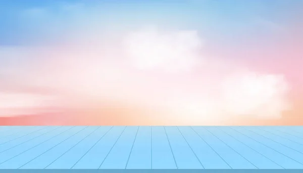 Sky Fluffy Clouds Blue Wood Texture Table Top Vector Illustration - Stok Vektor