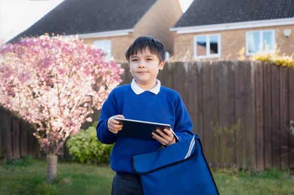 Happy Kid Holding Tablet Standing Waiting School Bus Child Boy — Stockfoto
