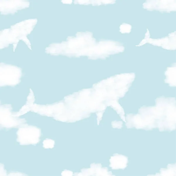 Seamless Fluffy Cloud Whale Shape Flying Sky Blue Transparent Background — Archivo Imágenes Vectoriales