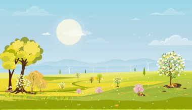 Mavi gökyüzü olan yeşil çayırlı bahar köyünün panorama manzarası, Vector çizgi filmi İlkbahar veya Yaz manzarası, panoramik kırsal arazi dağları, kır çiçekleri tarlaları.