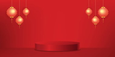 3D display cylinder podium with golden Lantern hanging on red background,Vector luxury studio backdrop scene with stand platform for Chinese new year,Chinese Festival,Mid Autumn Festival for product 