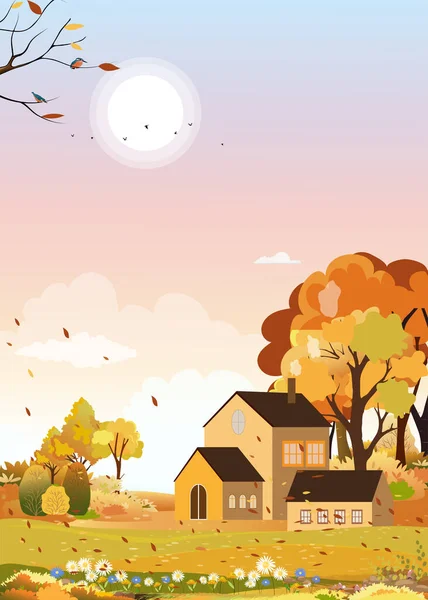 Autumn landscape of farm field with orange sky,Wonderland of Mid Autumn in countryside with cloud sky and Sun,Mountain,grass land in Orange foliage,Vector banner for fall season or Autumnal background