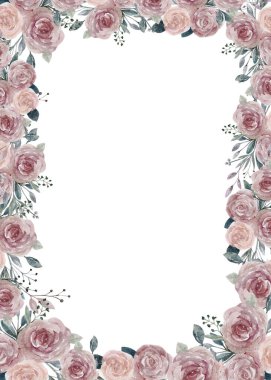 Watercolor Roses bouquet frame on white background,Vector illustration hand paint flowers border with copy space for text,Spring Floral for Mothers day greeting card,Wedding invitation