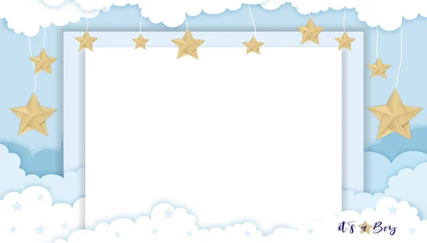 Baby Shower Card Blue Background Boy Vector Illustration Paper Art — 图库矢量图片