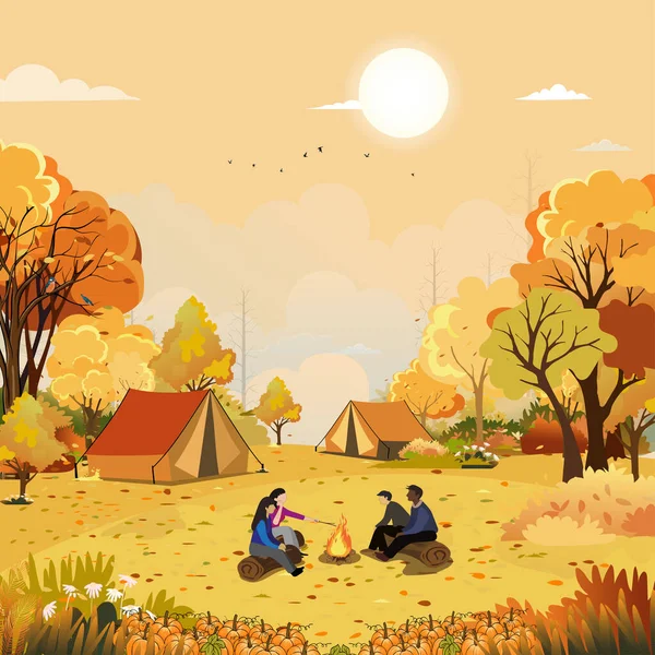 Family Enjoying Vacation Camping Countryside Autumn Group People Sitting Tent — стоковый вектор