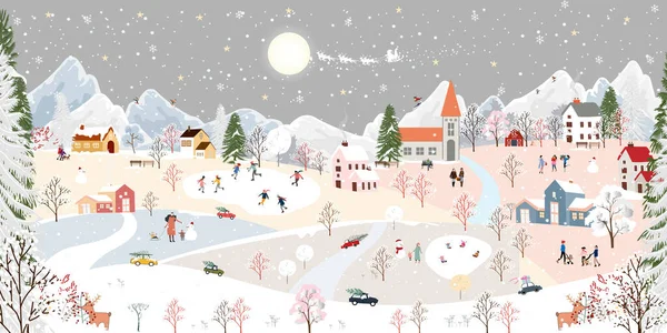 Winter Wonderland Landscape Background Night People Having Fun City New — Stock Vector