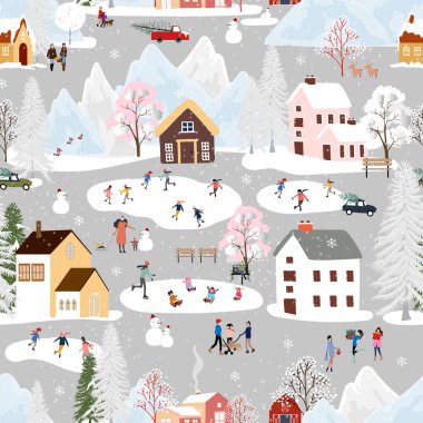 Seamless pattern Winter wonderland landscape in village,Vector Happy kid playing ice skates in the park, Endless Winter city nightlife on holiday for Christmas and new year 2023 background