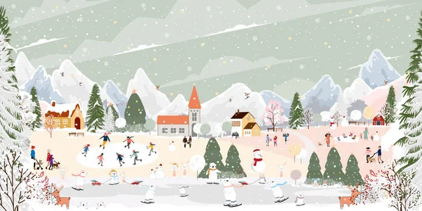 冬天的风景 有快乐的人 北极熊和兔子在公园里玩溜冰鞋 病媒横幅冬季仙境兔子和熊在森林里欢庆 圣诞快乐和2023年新年的背景 — 图库矢量图片