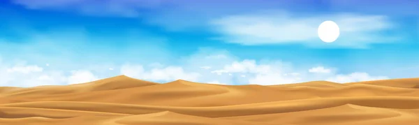 Τοπίο Ερήμου Χρυσούς Αμμόλοφους Χνουδωτά Σύννεφα Μπλε Ουρανό Διάνυσμα Καρτούν — Διανυσματικό Αρχείο