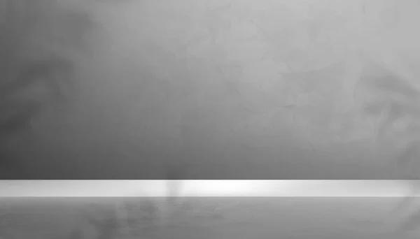 在有灰墙背景的工作室房间展示3D步法 棕榈叶阴影下的Podium模型灰色水泥纹理 灰色混凝土阁楼设计的矢量背景 用于促销产品的展示 — 图库矢量图片