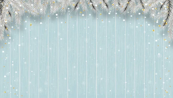 Kerst Achtergrond Met Sneeuwvlokken Blauw Hout Textuur Vector Winter Scene — Stockvector