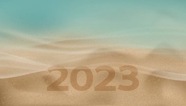 Yeni yıl afişi 2023 numaralı sarı kumlu sahilde mavi okyanus dalgası formunda, yumuşak dalgalı ve kahverengi kum desenli deniz manzaralı turkuaz taşıyıcı.
