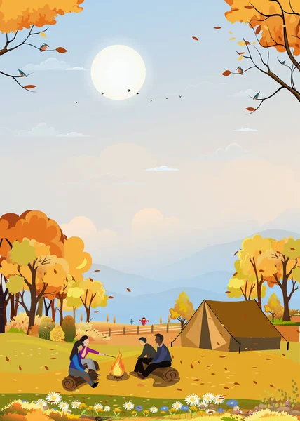 Family Enjoying Vacation Camping Countryside Autumn Group People Sitting Tent — 스톡 벡터