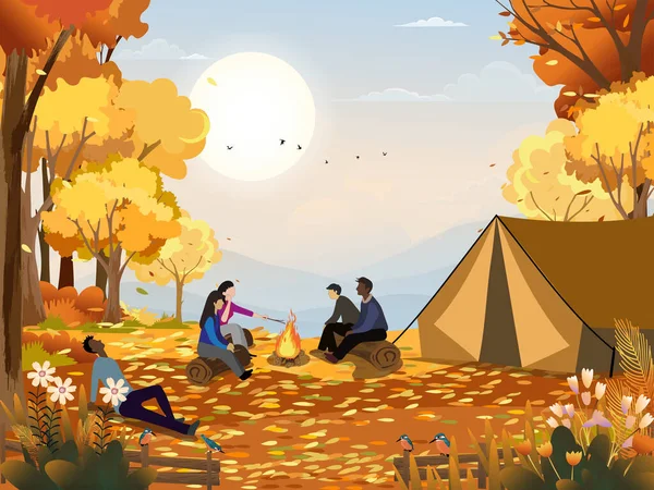 Family Enjoying Vacation Camping Countryside Autumn Group People Sitting Tent — стоковый вектор