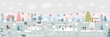 Kış harikalar diyarı geceleri insanlar kutlama yaparken ve köydeki çocuklar eğlenirken. Kutlama kartı ya da Noel ya da yeni yıl afişi için vektör illüstrasyon şirin karikatür 
