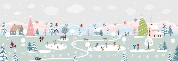 Winter Wonderland Tło Krajobraz Nocy Ludźmi Uroczystości Dzieci Zabawy Parku — Wektor stockowy