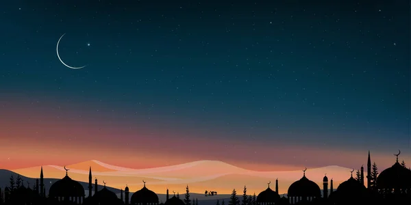 Eid Mubarak Hintergrund Silhouette Dome Moscheen Bei Nacht Mit Sichelmondblauem — Stockvektor