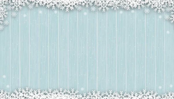 Kerst Achtergrond Met Sneeuwvlokken Blauw Hout Textuur Vector Winter Scene — Stockvector