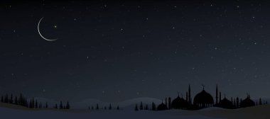 Islamic card with Silhouette Dome Mosques,Crescent moon,orange,blue sky background,Vetor Ramadhan Night with twilight dusk sky for Islamic religion,Eid al-Adha,Eid Mubarak,Eid al fitr,Ramadan Kareem