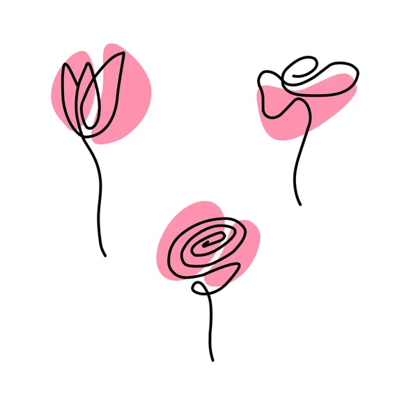 Flores Una Línea Con Elementos Rosados — Vector de stock