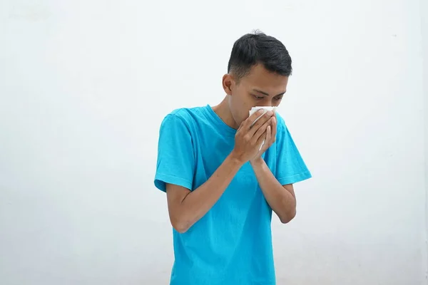 Young Man Handkerchief Wearing Blue Shirt Influenza Sick Person Having — 스톡 사진