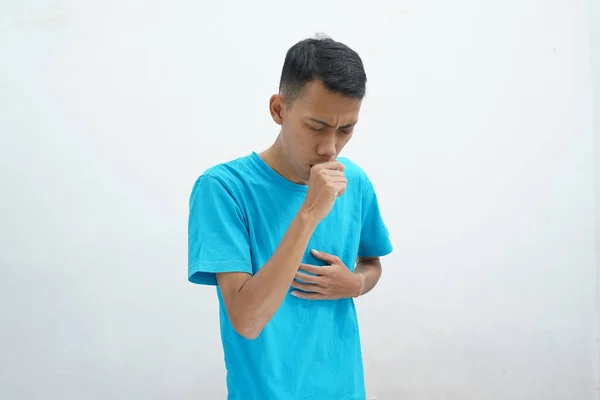 Man Wearing Blue Shirt Suffering Cough Isolated White Background — 스톡 사진