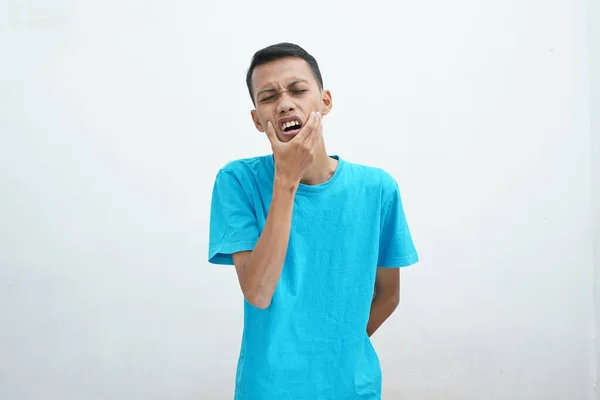 Toothache Concept Young Man Wearing Blue Shirt Feeling Pain Suffering — стоковое фото