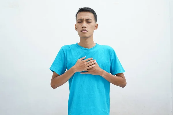 Young Man Blue Shirt Strong Heart Attack Chest Pain Isolated — Fotografia de Stock