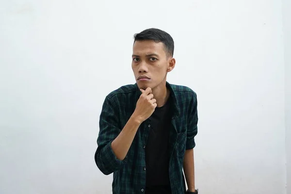 Portrait Asian Young Man Wearing Dark Green Casual Cloat Camera — Stok Foto