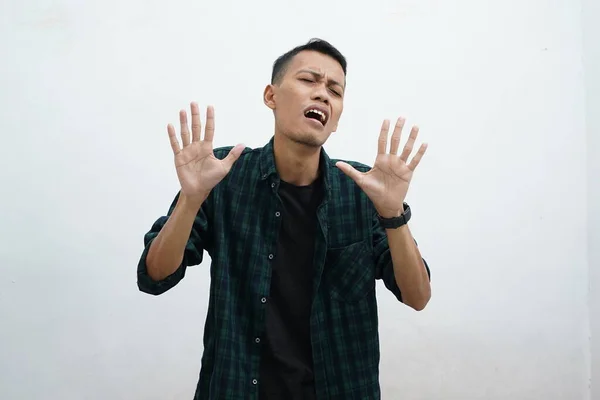 Asian Young Man Wearing Dark Green Casual Shirt White Background — стоковое фото