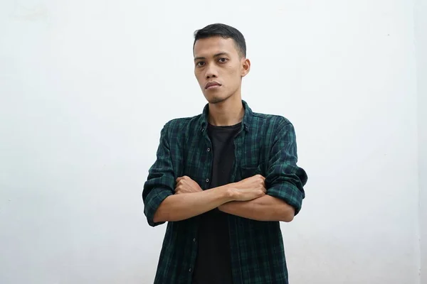 Portrait Young Asian Man Wearing Dark Green Casual Wear Looking — Foto Stock