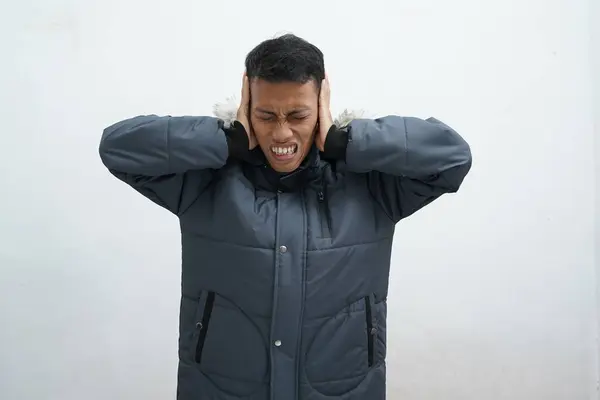 Asian Man Wearing Winter Jacket Isolated White Background Making Stressful — Fotografia de Stock