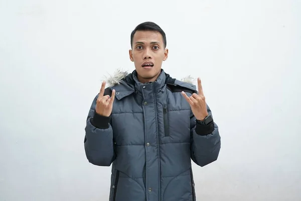 Asian Man Wearing Winter Jacket Isolated White Background Screaming Crazy — Fotografia de Stock