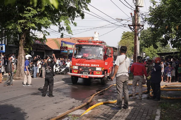 Fire Engines Standby Trying Extinguish Fire Furniture Warehouse Fire Site — стокове фото