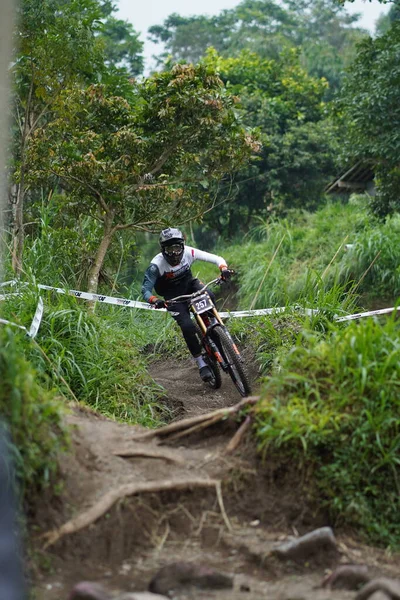 日惹的下坡自行车节 Teras Caf 一个参加山地自行车节的人骑自行车快速而敏捷地下山 Sleman Indonesia May 2022 — 图库照片