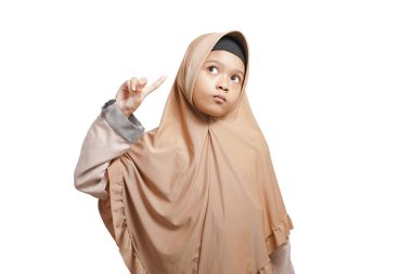 girl wearing a hijab, wearing a brown Muslim dress who is thinking or looking for ideas on a white background