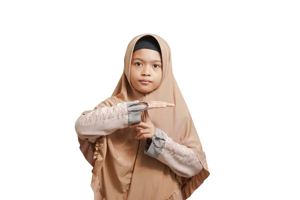 Beautiful Asian Muslim Child Hand Showing Stop Sign Silent Sign — Stok Foto