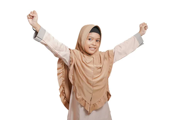 Portrait Happy Hipster Muslim Girl Standing Raised Fist Shouting Enthusiastically — Stock fotografie