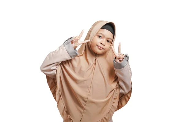 Beautiful Girl Wearing Muslim Hijab Standing Isolated White Background Showing — Stok Foto